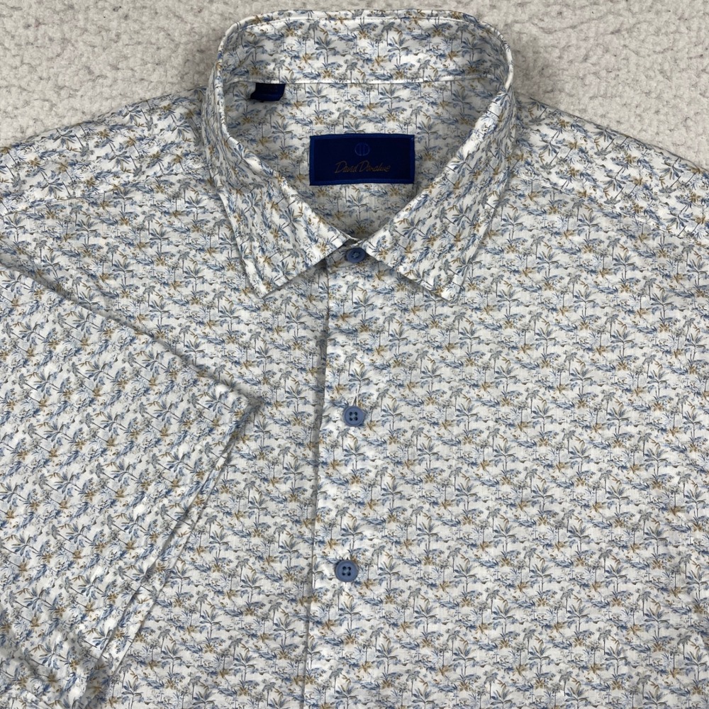 David Donahue Button Down Mens XL White Blue Palm Tree Tropical Coastal Summer